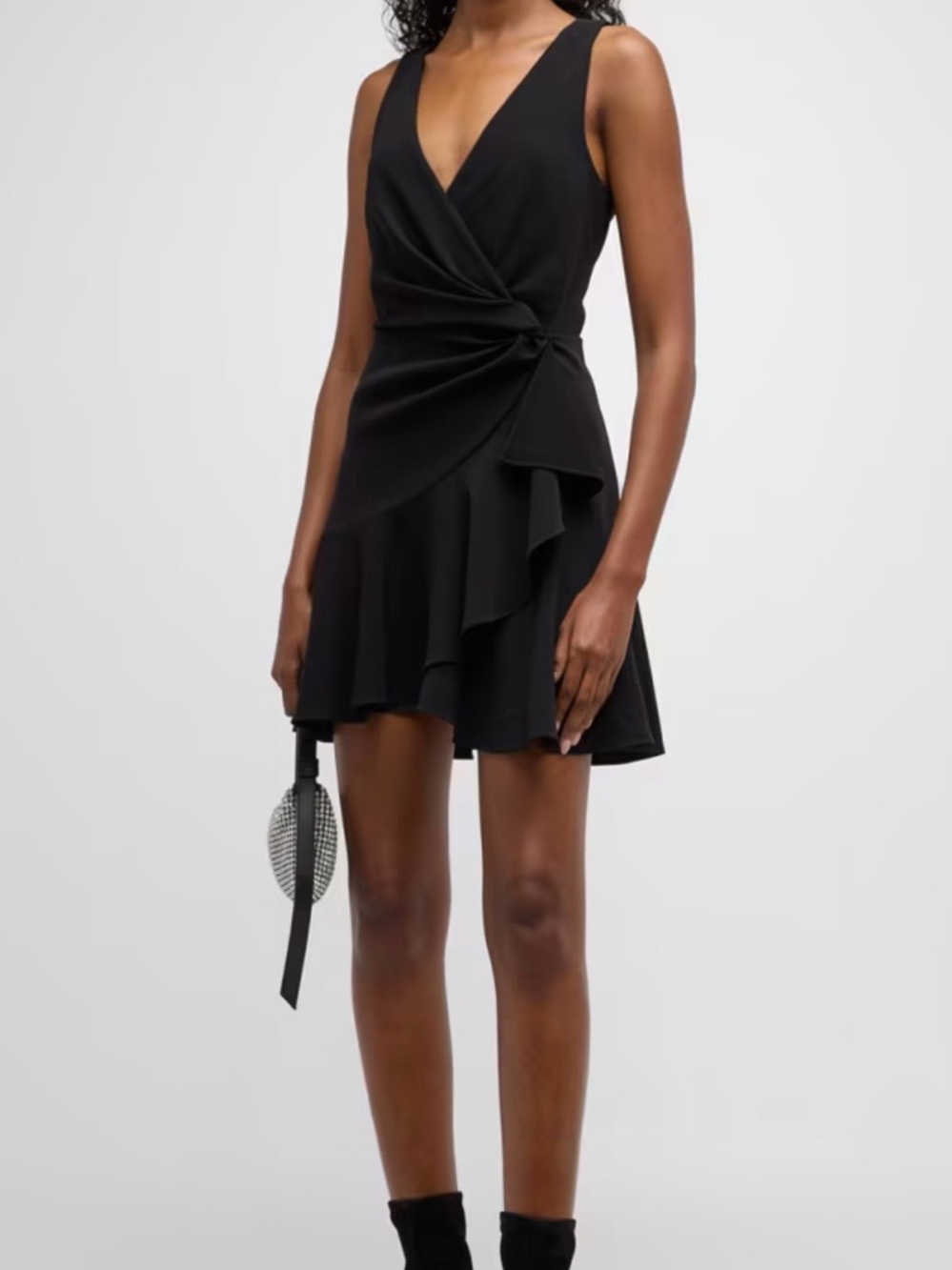 Cinq A Sept NWT Emmy Crepe Ruffle Faux Wrap Black Mini Dress